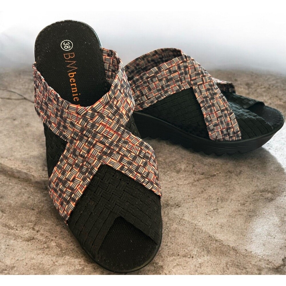 New Bernie Mev 38 7 Woven Elastic Wedge Sandals Multi Color Black Slide Shoes